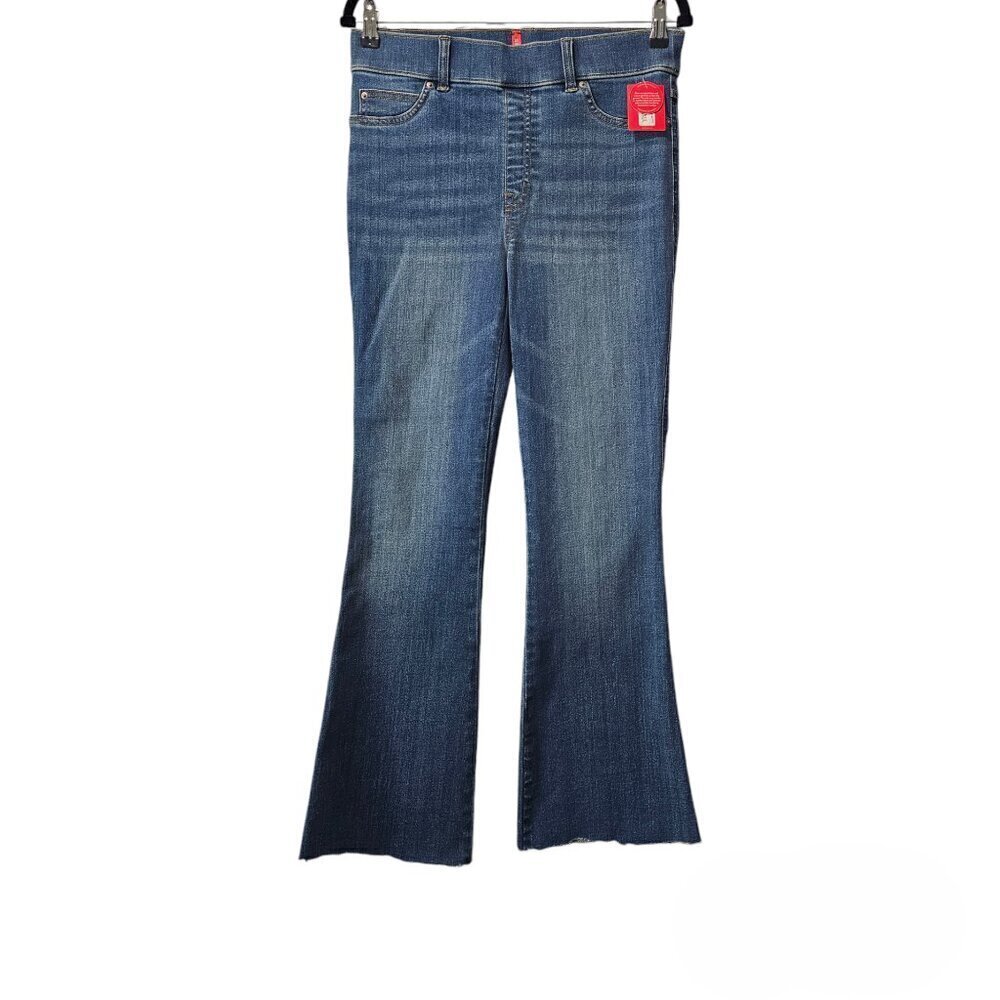 Spanx High Waist Flare Pull On Stretch Denim Raw Hem Jeans